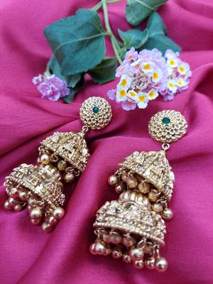 Double Layered Dome Shaped Baraat Shaadi Design Floral Jhumki Earring with ghunghroo 4