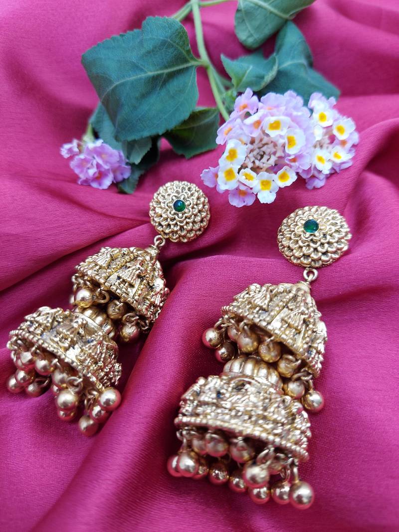 Double Layered Dome Shaped Baraat Shaadi Design Floral Jhumki Earring with ghunghroo