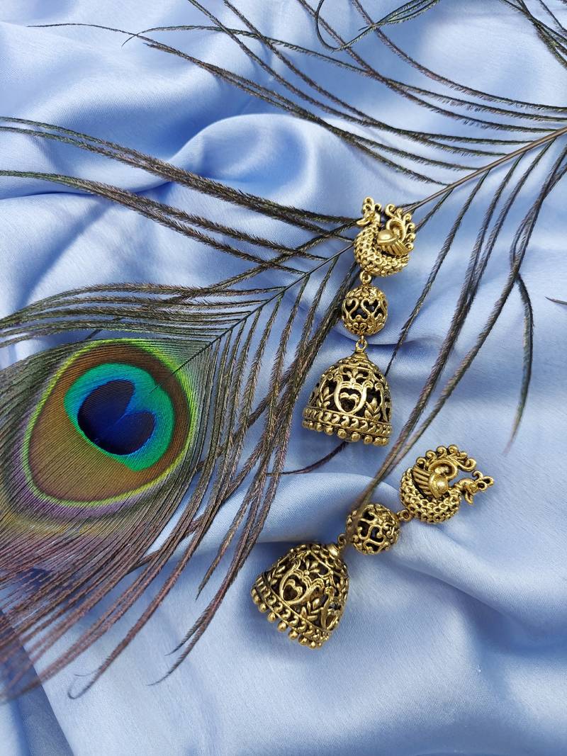 Double Layered Dome Shaped Peacock Motif Design Jhumki Earring