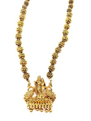 Radhe Krishna Design Pendant Gold Plated Beaded Feather Light  Necklace Mala with dori 1