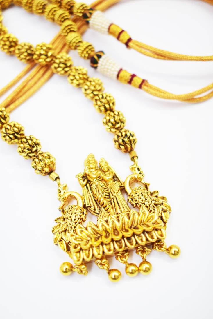 Radhe Krishna Design Pendant Gold Plated Beaded Feather Light  Necklace Mala with dori