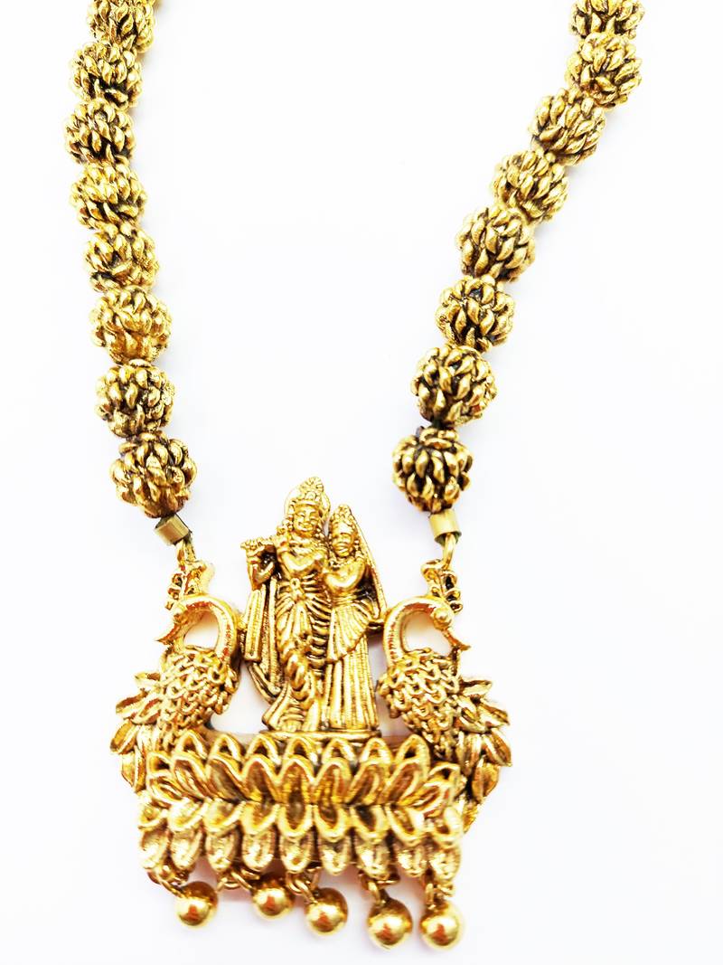 Radhe Krishna Design Pendant Gold Plated Beaded Feather Light  Necklace Mala with dori