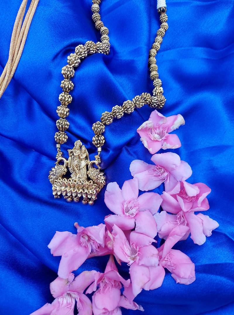 Radhe Krishna Design Pendant Gold Plated Beaded Feather Light  Necklace Mala with dori