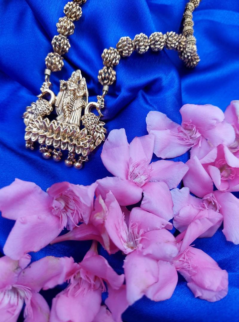 Radhe Krishna Design Pendant Gold Plated Beaded Feather Light  Necklace Mala with dori