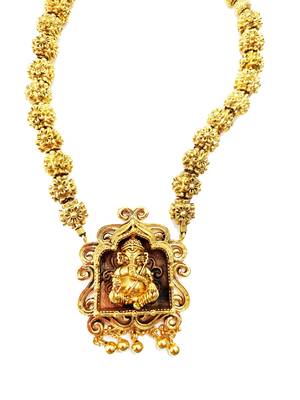 Ganesha Design Pendant Gold Plated Beaded Feather Light  Necklace Mala with dori 1