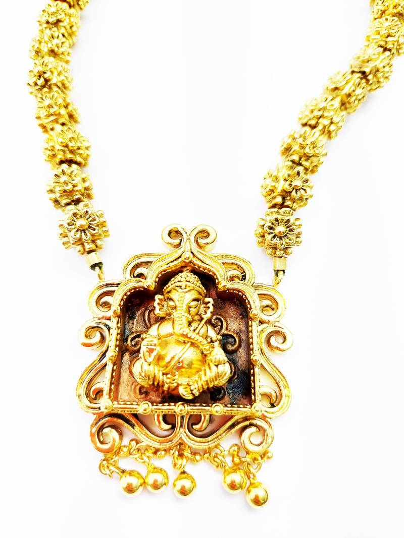 Ganesha Design Pendant Gold Plated Beaded Feather Light  Necklace Mala with dori
