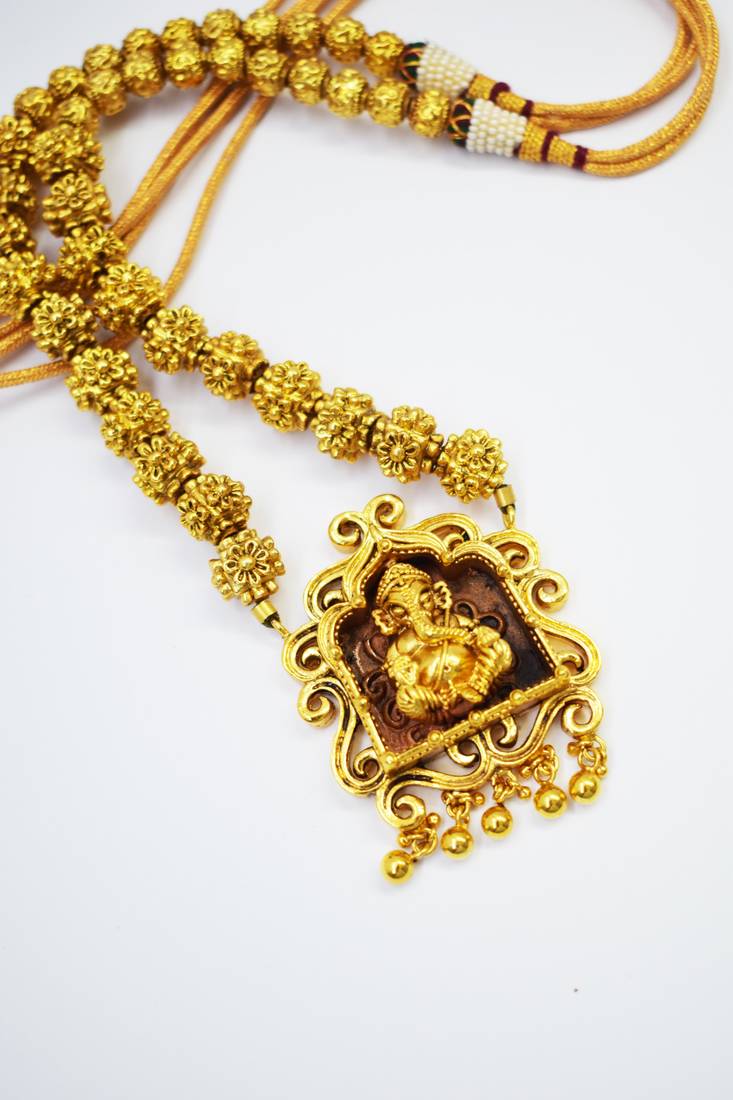 Ganesha Design Pendant Gold Plated Beaded Feather Light  Necklace Mala with dori