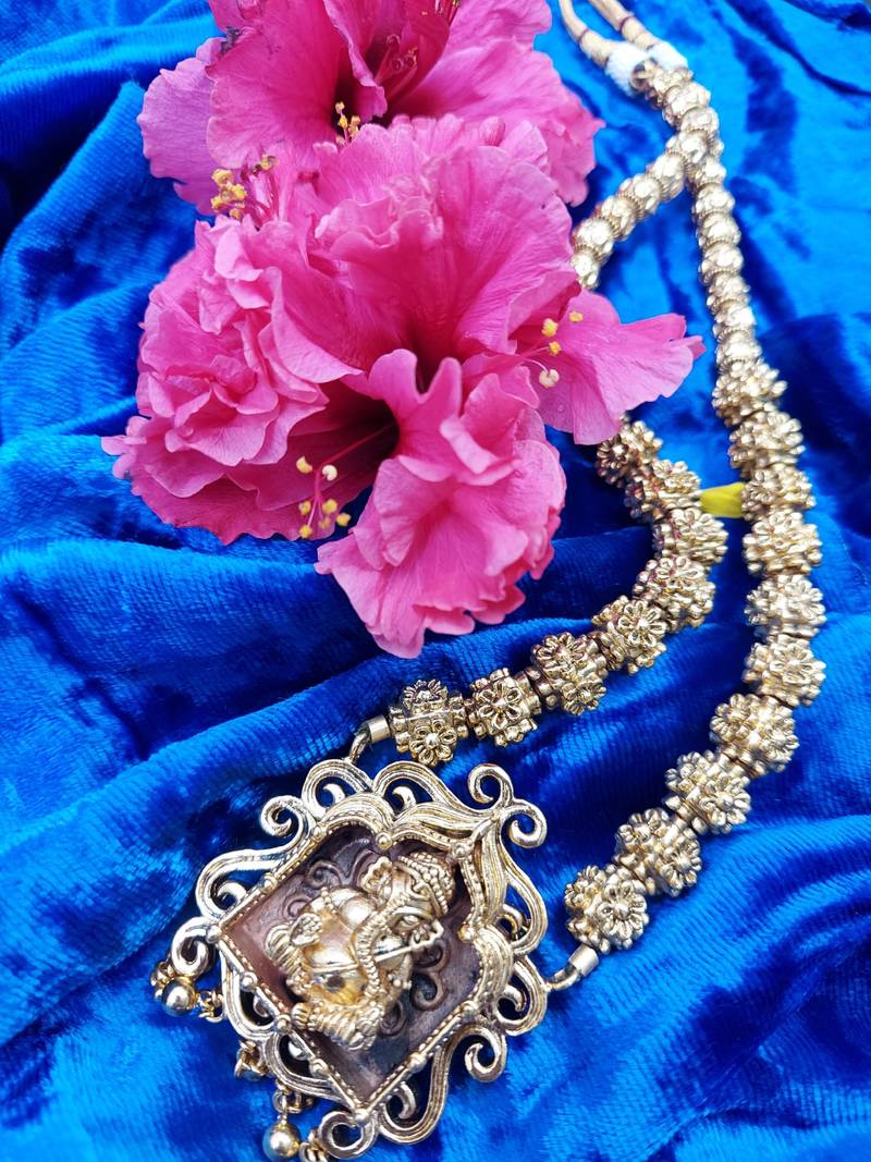 Ganesha Design Pendant Gold Plated Beaded Feather Light  Necklace Mala with dori