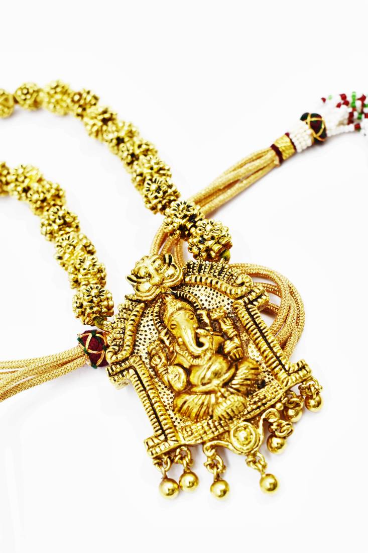 Ganesh Design Pendant Gold Plated Beaded Feather Light  Necklace Mala with dori