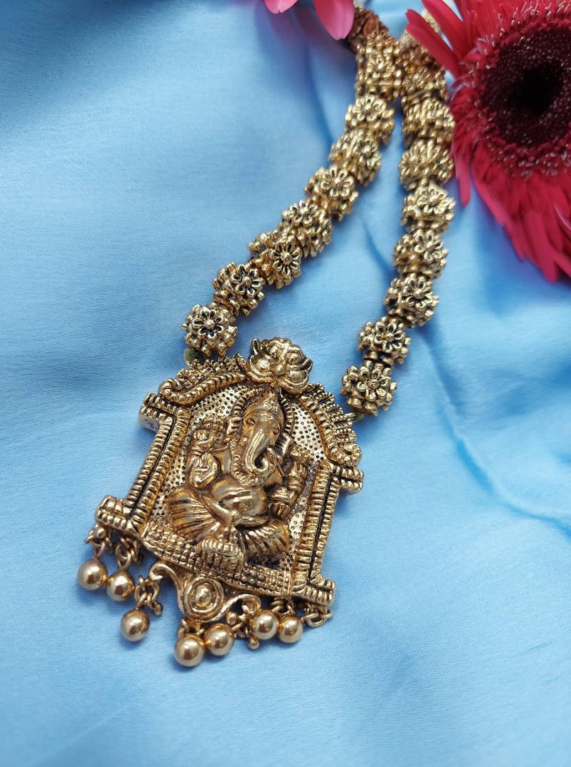 Ganesh Design Pendant Gold Plated Beaded Feather Light  Necklace Mala with dori