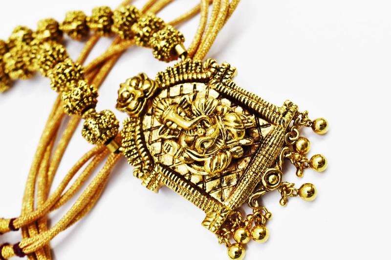 Ganpati Design Pendant Gold Plated Beaded Feather Light  Necklace Mala with dori