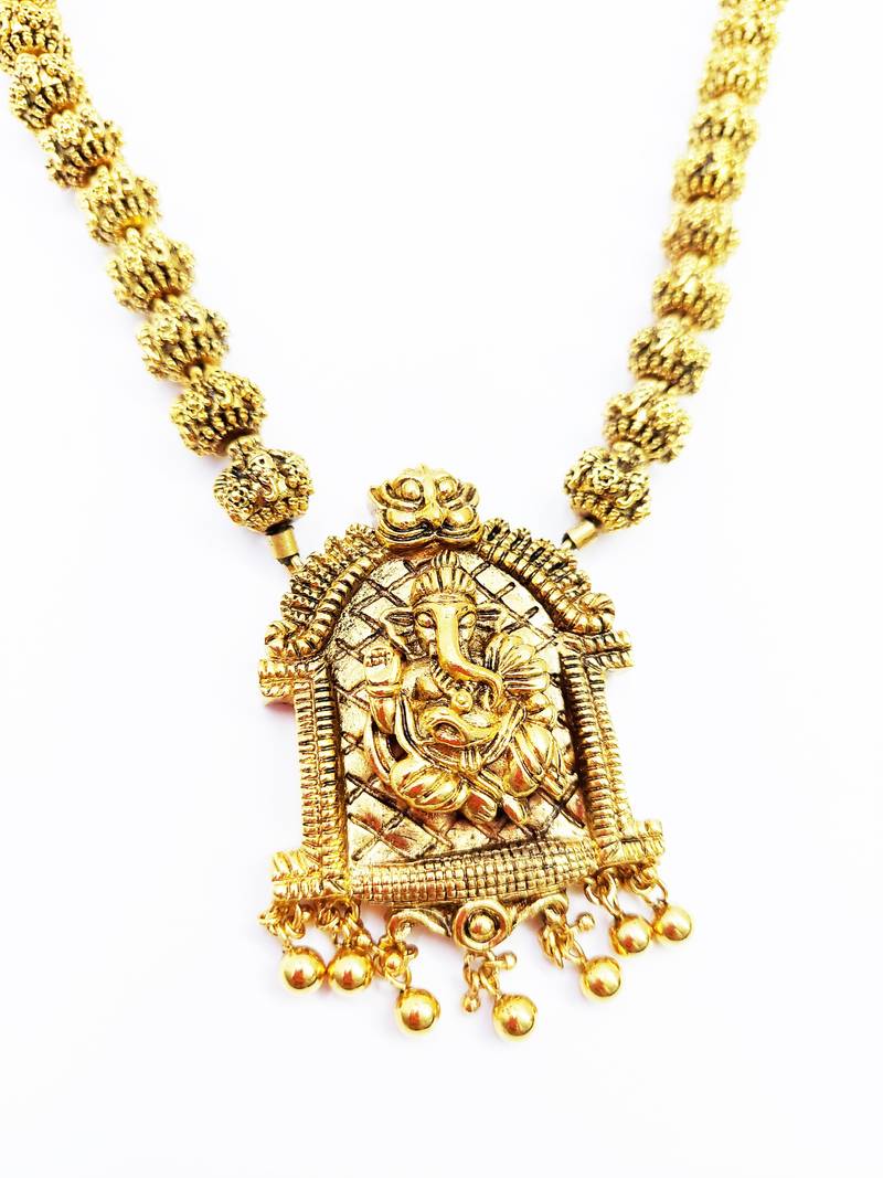 Ganpati Design Pendant Gold Plated Beaded Feather Light  Necklace Mala with dori