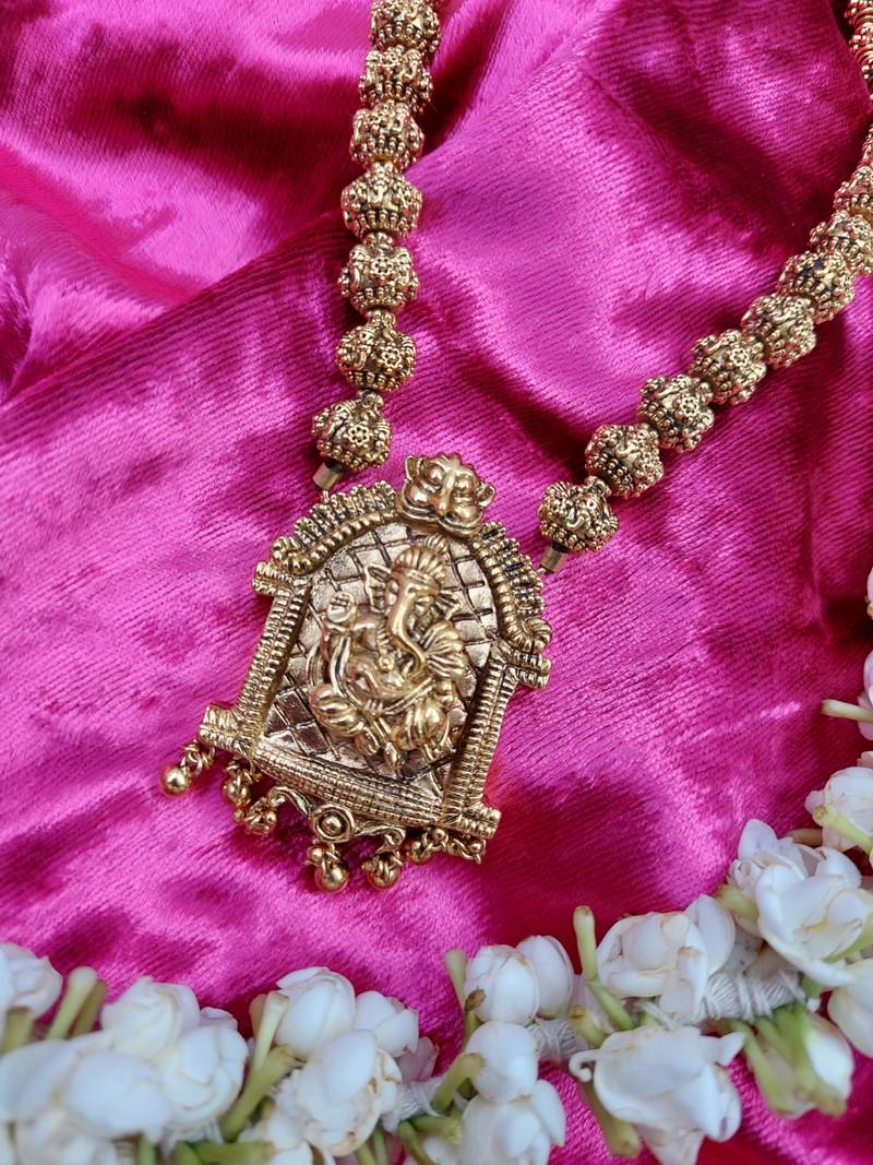 Ganpati Design Pendant Gold Plated Beaded Feather Light  Necklace Mala with dori