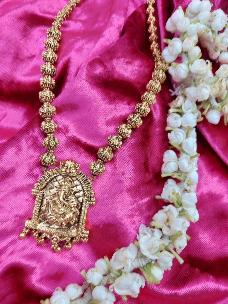 Ganpati Design Pendant Gold Plated Beaded Feather Light  Necklace Mala with dori