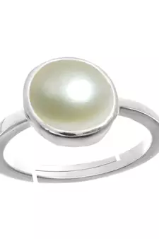 Silver Plated Adjustable White Pearl 6.25 Ratti Stone Ring Round Shape
