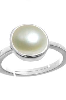 Silver Plated Adjustable White Pearl 8.25 Ratti Stone Ring Round Shape