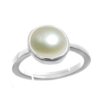 Silver Plated Adjustable White Pearl 3.25 Ratti Stone Ring Round Shape in size 16 To 30 1