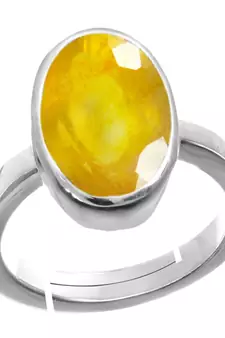 Silver Plated Adjustable Yellow Sapphire 3.25 Ratti Stone Ring in size 16 To 30