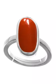 Silver Plated Adjustable Red Coral 5.25 Ratti Stone Ring in size 16 To 30