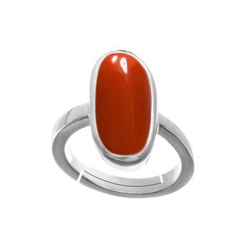 Silver Plated Adjustable Red Coral 8.25 Ratti Stone Ring in size 16 To 30 1
