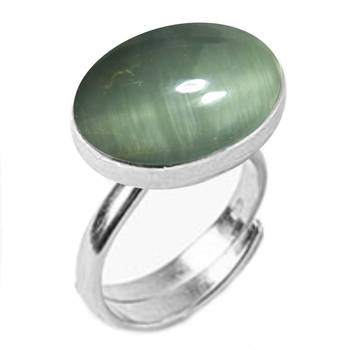 Silver Plated Adjustable Flat Ring Green Cats-Eye 3.25 Ratti in size 16 To 30 1