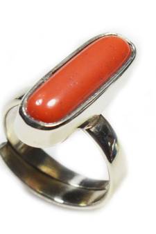 Silver Plated Adjustable Flat Ring Red Coral 5.25 Ratti Capsule Shape in size 16 To 30