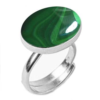 Silver Plated Adjustable Flat Ring Green Malachite 8.25 Ratti in size 16 To 30 1