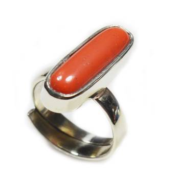 Silver Plated Adjustable Flat Ring Red Coral 3.25 Ratti Capsule Shape 1