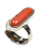 Silver Plated Adjustable Flat Ring Red Coral 3.25 Ratti Capsule Shape