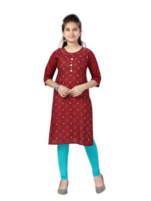 Maroon printed cotton girls-top-bottom 1