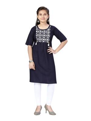 Blue embroidered cotton girls-top-bottom 1