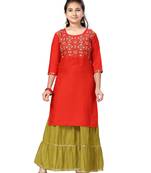 Red printed cotton girls-top-bottom