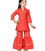 Red printed cotton girls-top-bottom