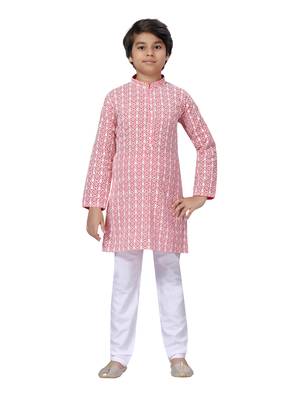 Red embroidered cotton boys-kurta-pyjama 1