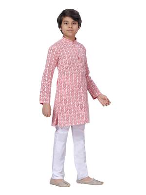 Red embroidered cotton boys-kurta-pyjama 2