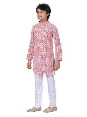 Red embroidered cotton boys-kurta-pyjama 3