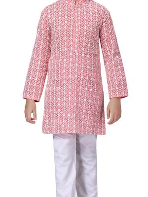Red embroidered cotton boys-kurta-pyjama 5