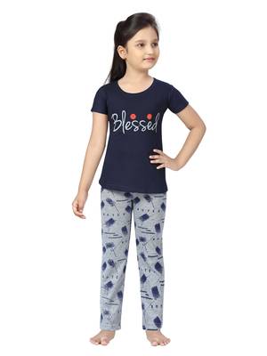 Blue printed cotton girls-top-bottom 1