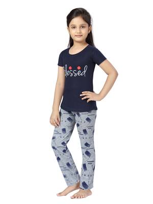 Blue printed cotton girls-top-bottom 3