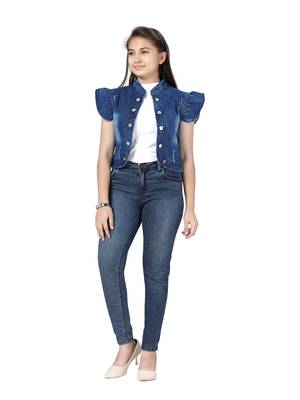 Blue plain cotton girls-jackets-coats 1