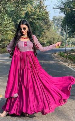 Chiffon Embroidered Ethnic Gown with Plazo & Dupatta 1