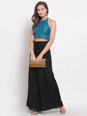 Blue Sleeveless Gold Printed Blouse 1