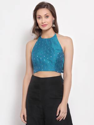 Blue Sleeveless Gold Printed Blouse 2