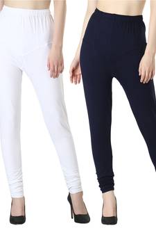 Women Solid Churidar Leggings (White & Navy)