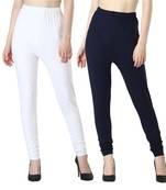 Women Solid Churidar Leggings (White & Navy)