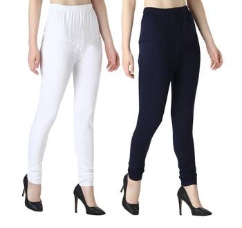 Women Solid Churidar Leggings (White & Navy) 2