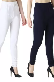 Women Solid Churidar Leggings (White & Navy)