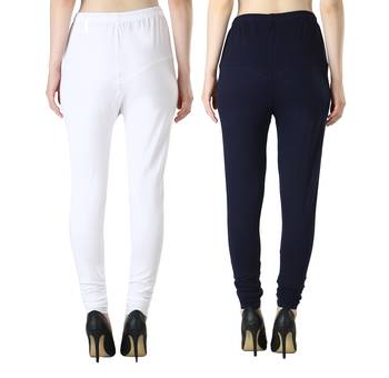 Women Solid Churidar Leggings (White & Navy) 3