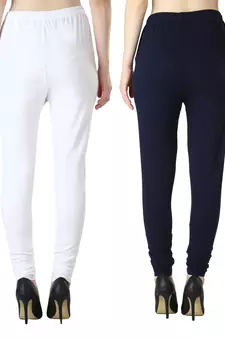 Women Solid Churidar Leggings (White & Navy)