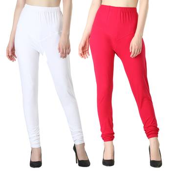 Women Solid Churidar Leggings (White Pink) 1